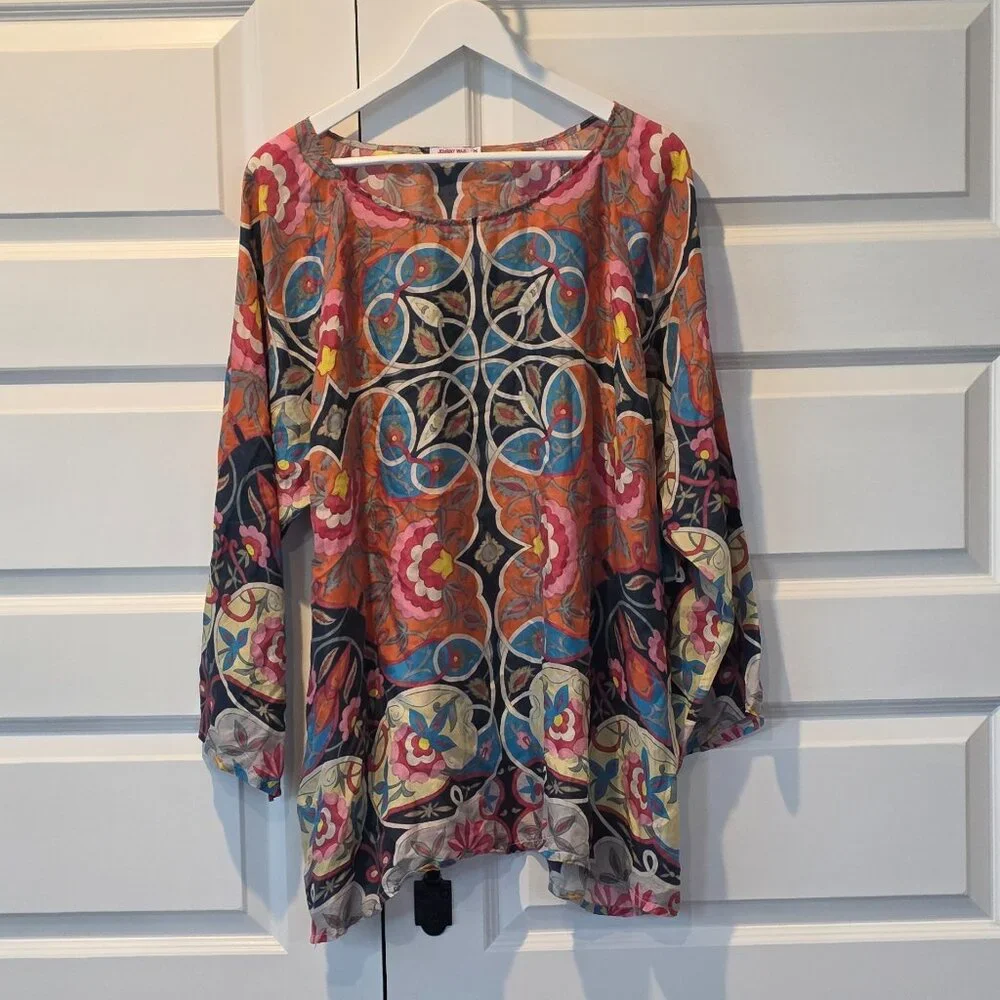 EUC: JOHNNY WAS Lentine Scarf Print Silk Blouse - Picture 4 of 9